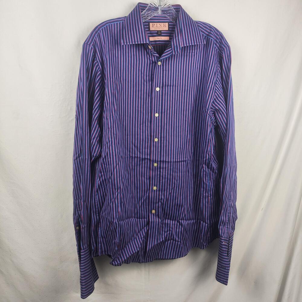 Thomas Pink Shirt Mens 16.5 32/33 Blue Stripe Slim Fit Button Front Dress Cotton